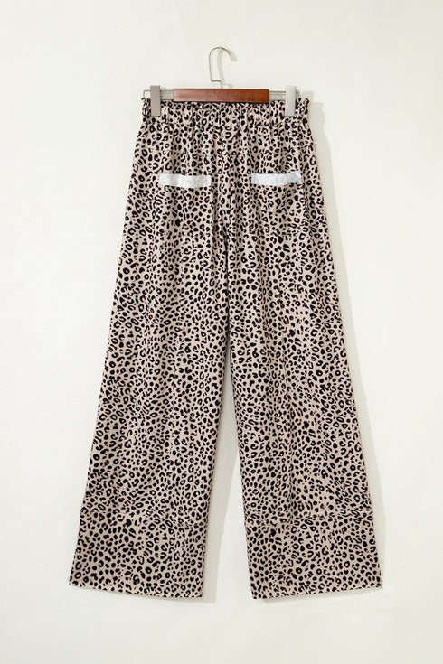 Western Style Leopard Print Wide Leg Terry Knit Pants