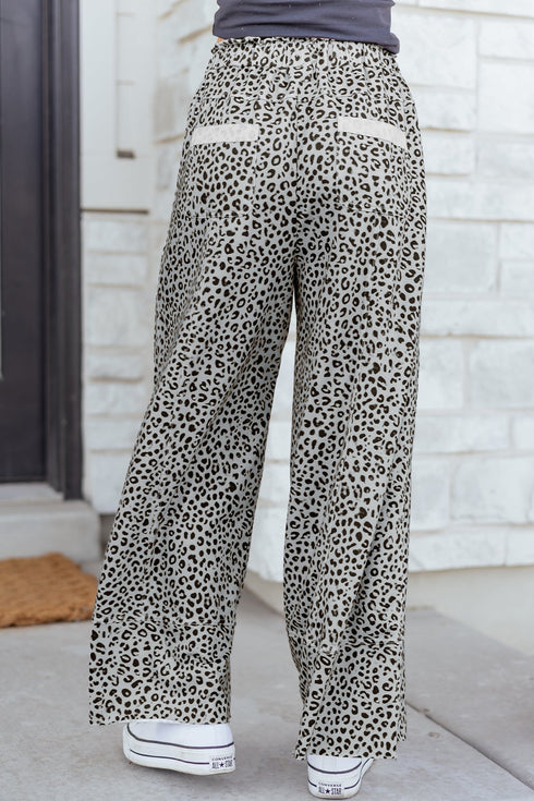 Western Style Leopard Print Wide Leg Terry Knit Pants