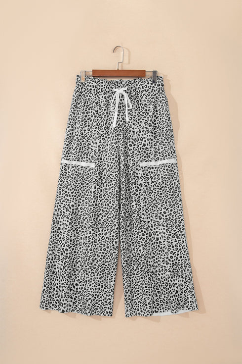 Western Style Leopard Print Wide Leg Terry Knit Pants