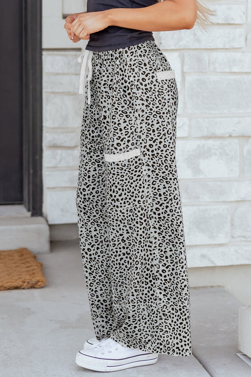 Western Style Leopard Print Wide Leg Terry Knit Pants