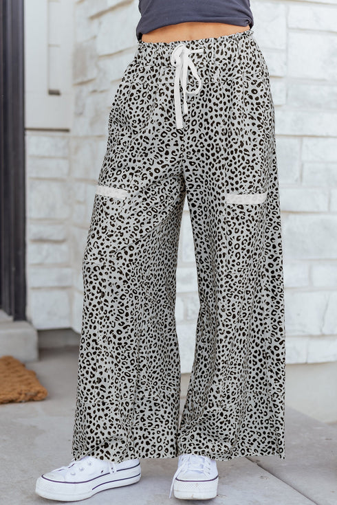 Western Style Leopard Print Wide Leg Terry Knit Pants