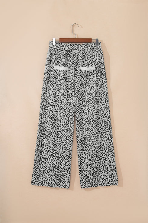 Western Style Leopard Print Wide Leg Terry Knit Pants