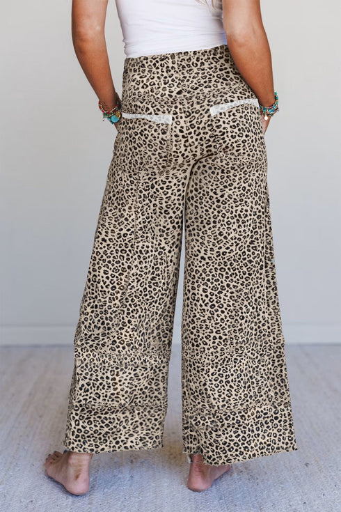 Western Style Leopard Print Wide Leg Terry Knit Pants