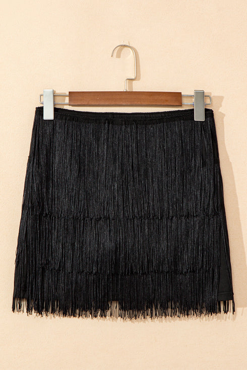 Western Style Letter Print Tiered Fringe Mini Skirt