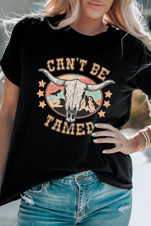 Western Style Longhorn Graphic Print Crew Neck Tee