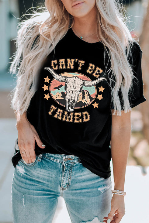 Western Style Longhorn Graphic Print Crew Neck Tee