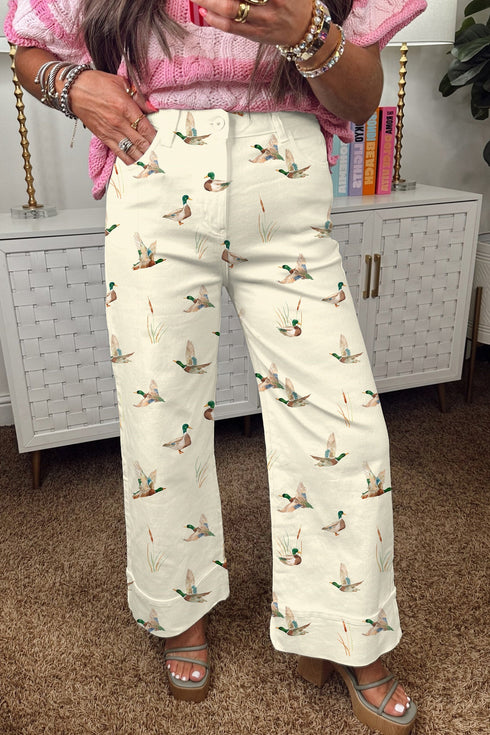 Western Style Mallard Printed Cuffed Hem Jeans