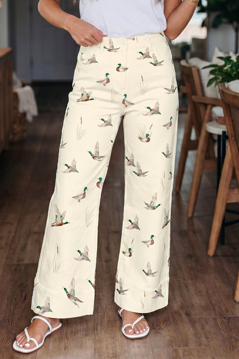 Western Style Mallard Printed Cuffed Hem Jeans