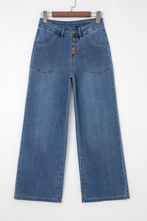 Western Style Multi Button High Waist Wide Leg Denim Jeans