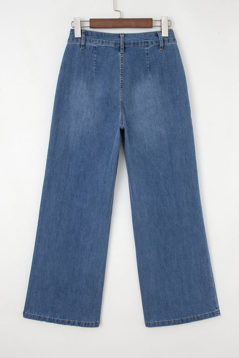 Western Style Multi Button High Waist Wide Leg Denim Jeans