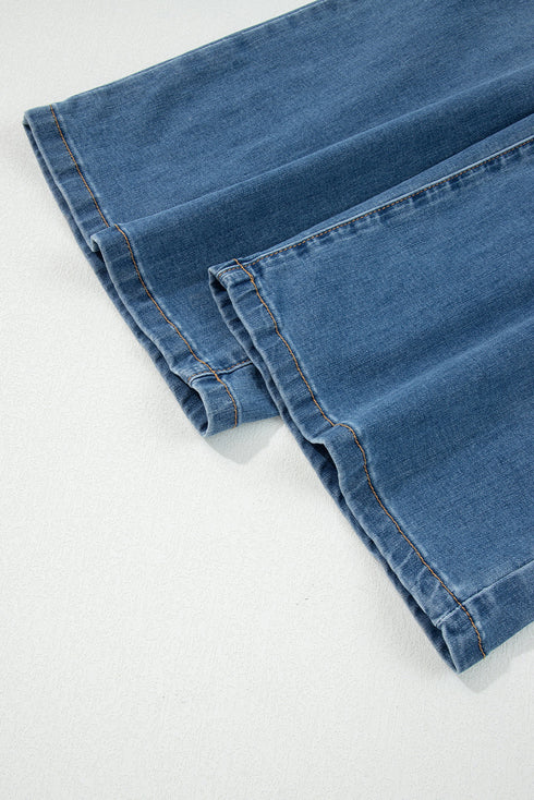 Western Style Multi Button High Waist Wide Leg Denim Jeans