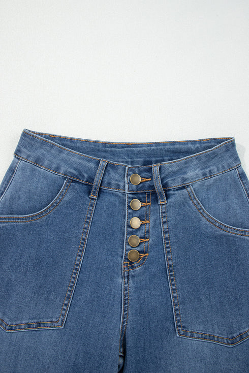 Western Style Multi Button High Waist Wide Leg Denim Jeans