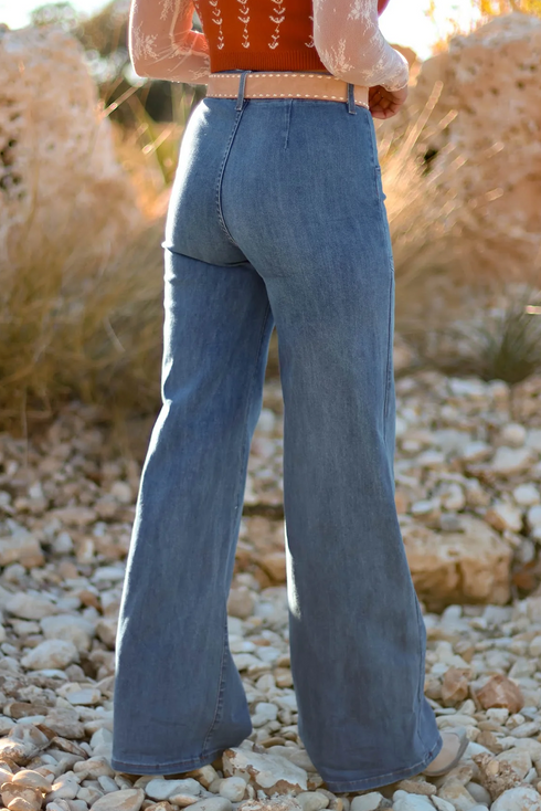 Western Style Multi Button High Waist Wide Leg Denim Jeans
