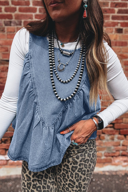 Western Style Pleated Patchwork Denim Tank Top