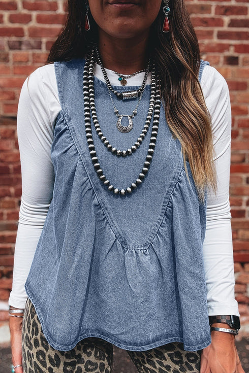 Western Style Pleated Patchwork Denim Tank Top