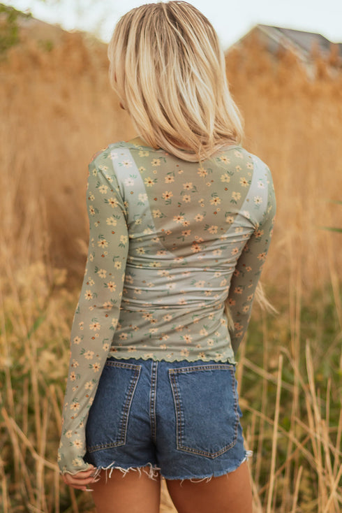 Western Style Sheer Floral Mesh Button Front Shirt