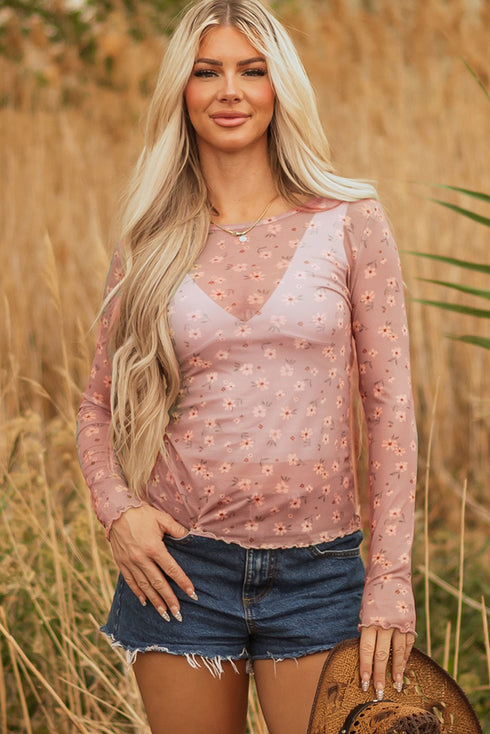 Western Style Sheer Floral Mesh Button Front Shirt