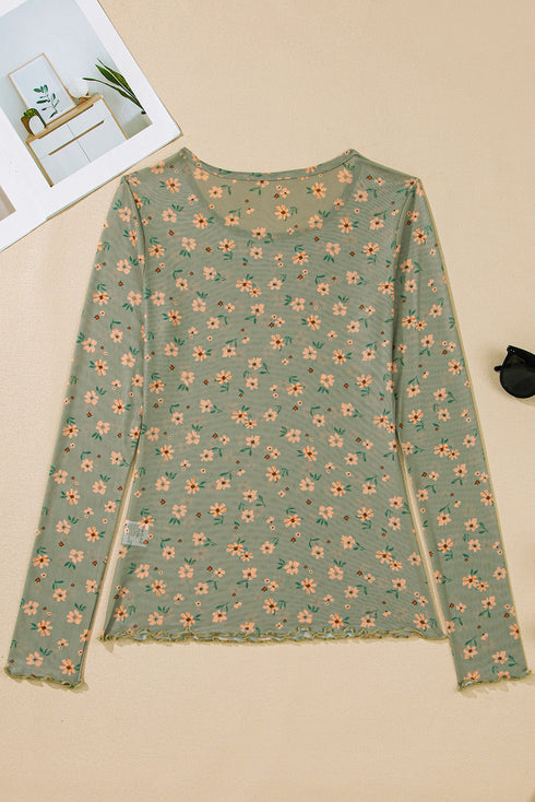 Western Style Sheer Floral Mesh Button Front Shirt