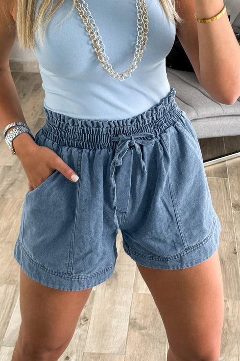 Western Style Smocked Elastic Waist Denim Shorts