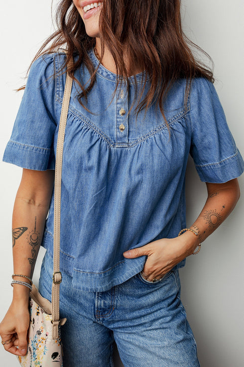 Western Style Solid Denim Pleated Half Button Shirt