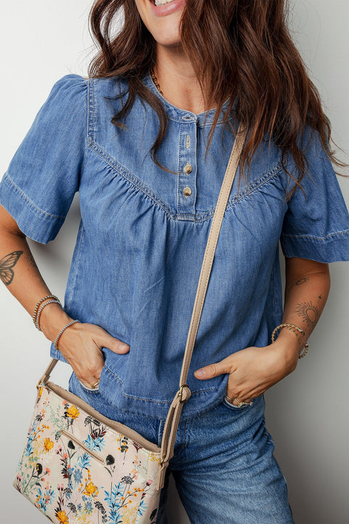 Western Style Solid Denim Pleated Half Button Shirt