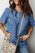 Western Style Solid Denim Pleated Half Button Shirt