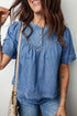 Western Style Solid Denim Pleated Half Button Shirt