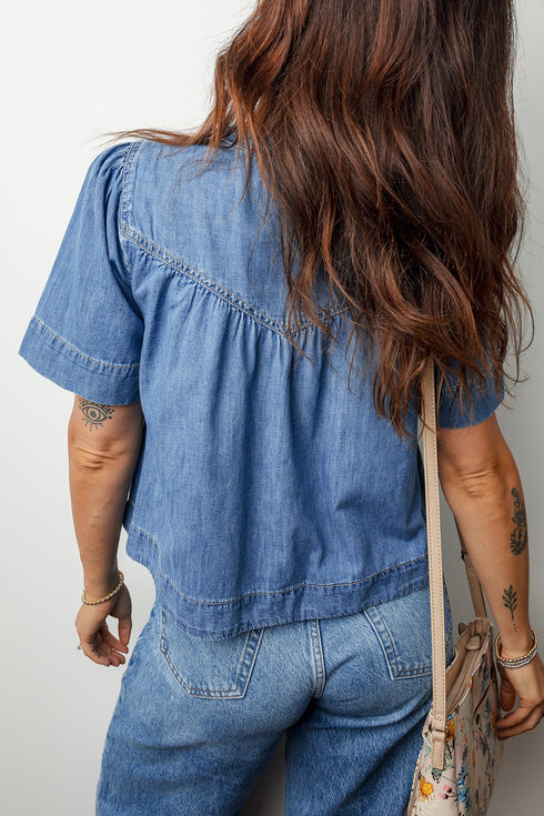 Western Style Solid Denim Pleated Half Button Shirt