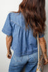 Western Style Solid Denim Pleated Half Button Shirt