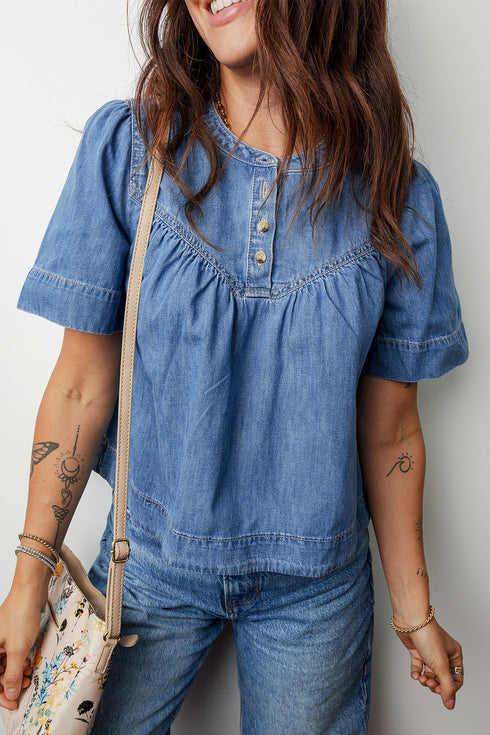 Western Style Solid Denim Pleated Half Button Shirt