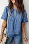 Western Style Solid Denim Pleated Half Button Shirt