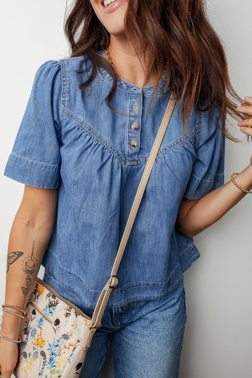 Western Style Solid Denim Pleated Half Button Shirt