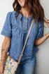 Western Style Solid Denim Pleated Half Button Shirt