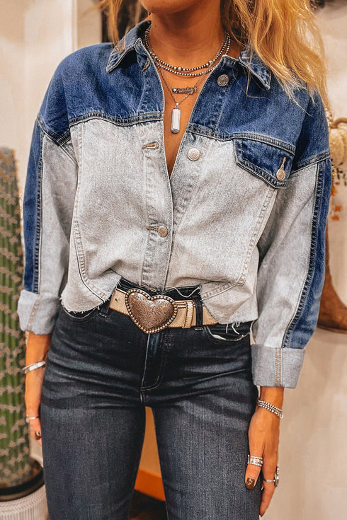 Western Style Two Tone Colorblock Relaxed Fit Denim Trucker Jacket