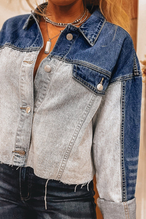 Western Style Two Tone Colorblock Relaxed Fit Denim Trucker Jacket