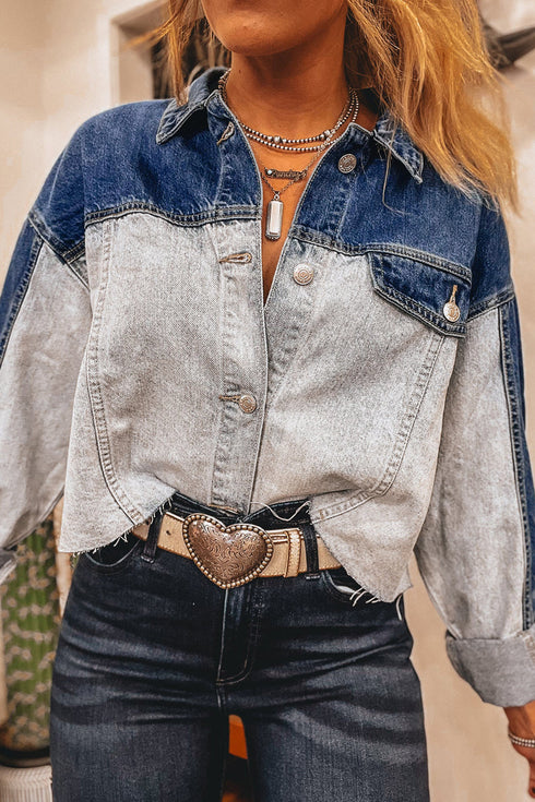 Western Style Two Tone Colorblock Relaxed Fit Denim Trucker Jacket