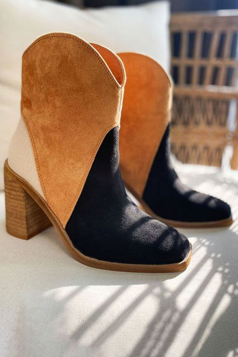 Western Suede Paneled Block Heel Ankle Boots