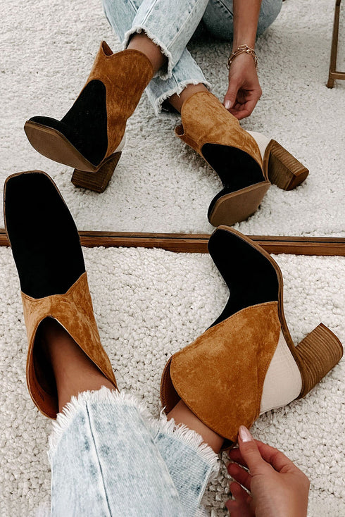 Western Suede Paneled Block Heel Ankle Boots
