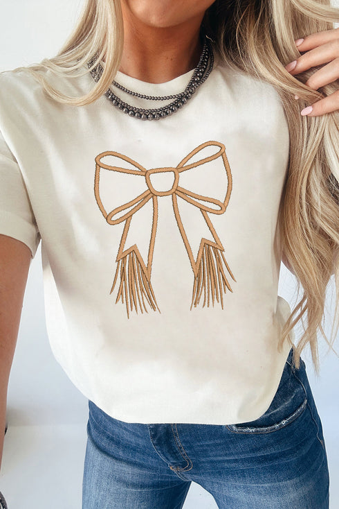 Western Tassel Fringe Bow Embroidered Graphic Short Sleeve Tee