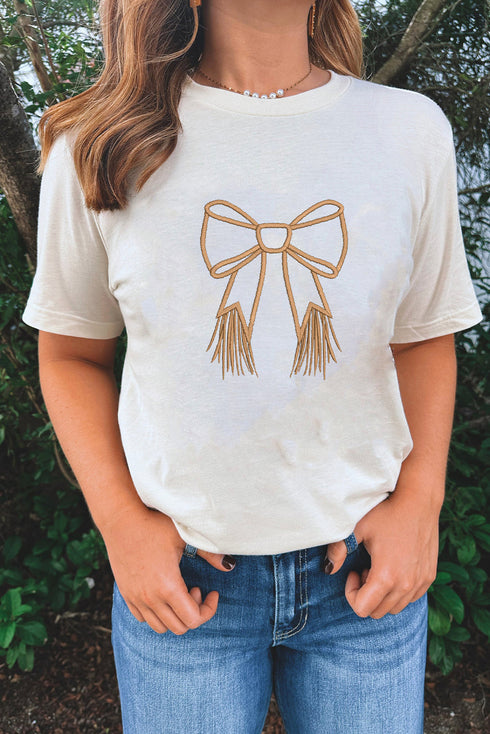 Western Tassel Fringe Bow Embroidered Graphic Short Sleeve Tee