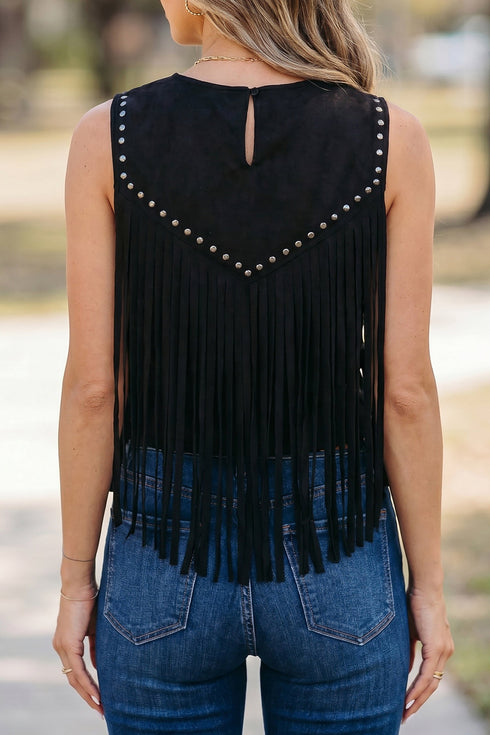 Western Tassel Fringe Rivet Detail Sleeveless Tank Top
