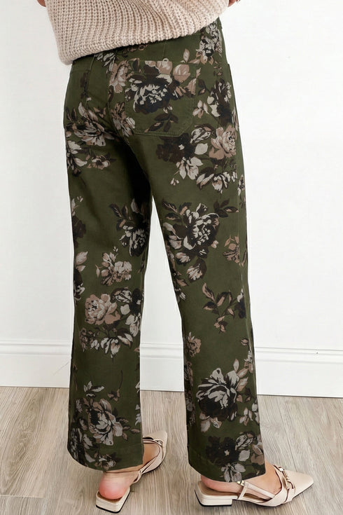Western Vintage Floral Print Patch Pocket Wide Leg Jeans