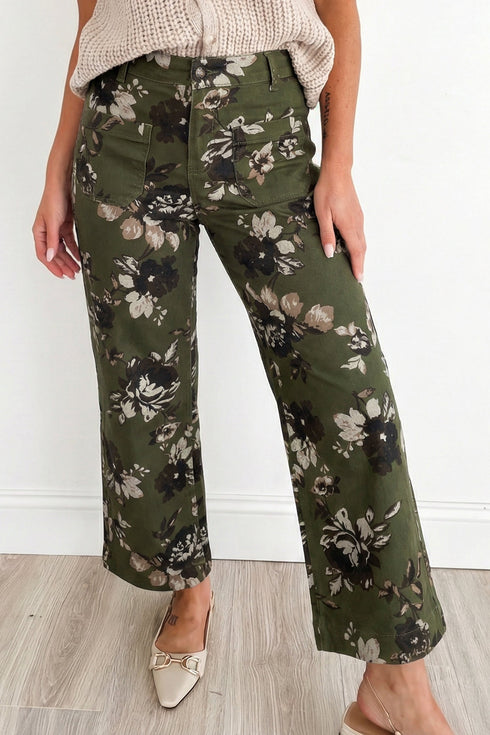 Western Vintage Floral Print Patch Pocket Wide Leg Jeans
