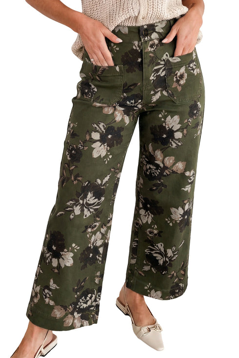 Western Vintage Floral Print Patch Pocket Wide Leg Jeans