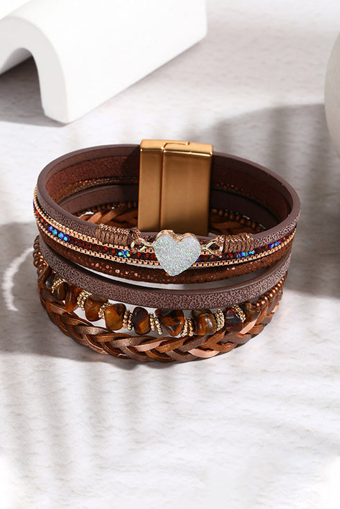 Western Vintage Style Heart Rhinestone Multi Layer Faux Leather Bracelet