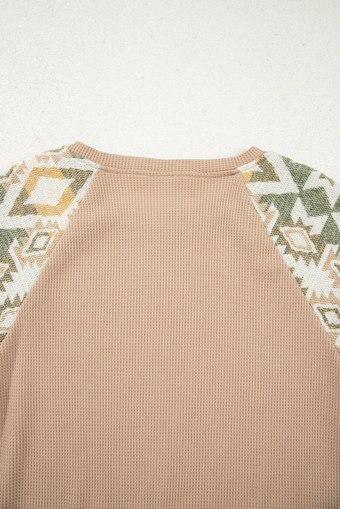 Western Waffle Knit Aztec Patchwork Raglan Sleeve Top
