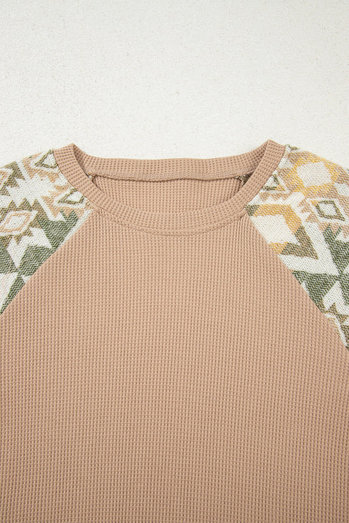 Western Waffle Knit Aztec Patchwork Raglan Sleeve Top