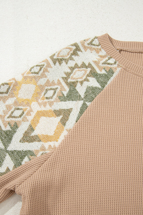 Western Waffle Knit Aztec Patchwork Raglan Sleeve Top