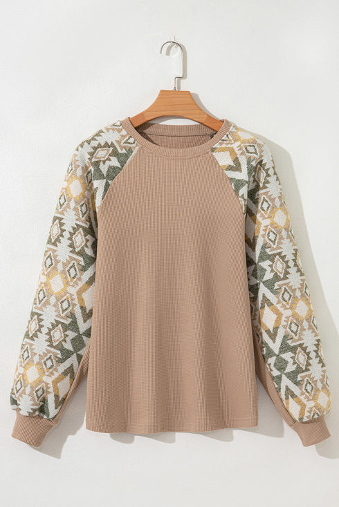 Western Waffle Knit Aztec Patchwork Raglan Sleeve Top