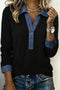 Western Waffle Knit Denim Patchwork Polo Long Sleeve Top